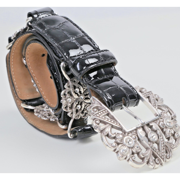 Vintage Brighton Black Croc Embossed Leather Belt Silver Crystal Buckle Size 38 main image 13